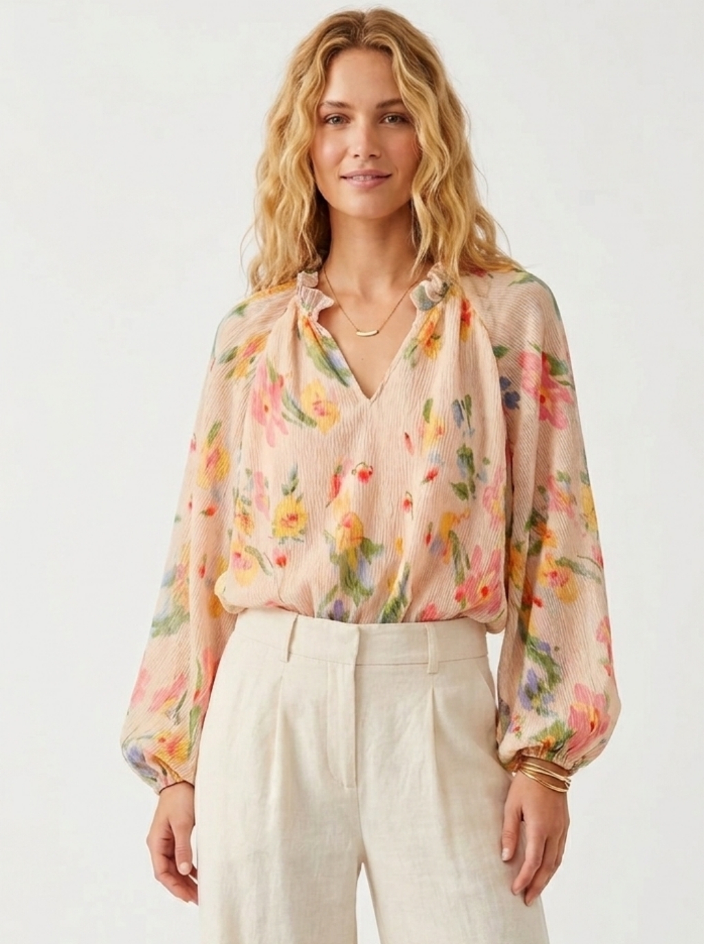 Entro Peach Floral Long-Sleeve V-Neck Bodysuit Blouse Full Sleeves Medium
